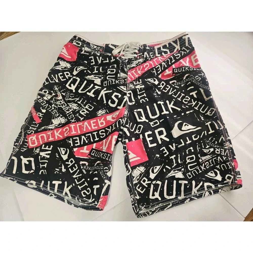 Vintage Quiksilver All-Over Print Typographic Boardshorts No Tags Waist 34